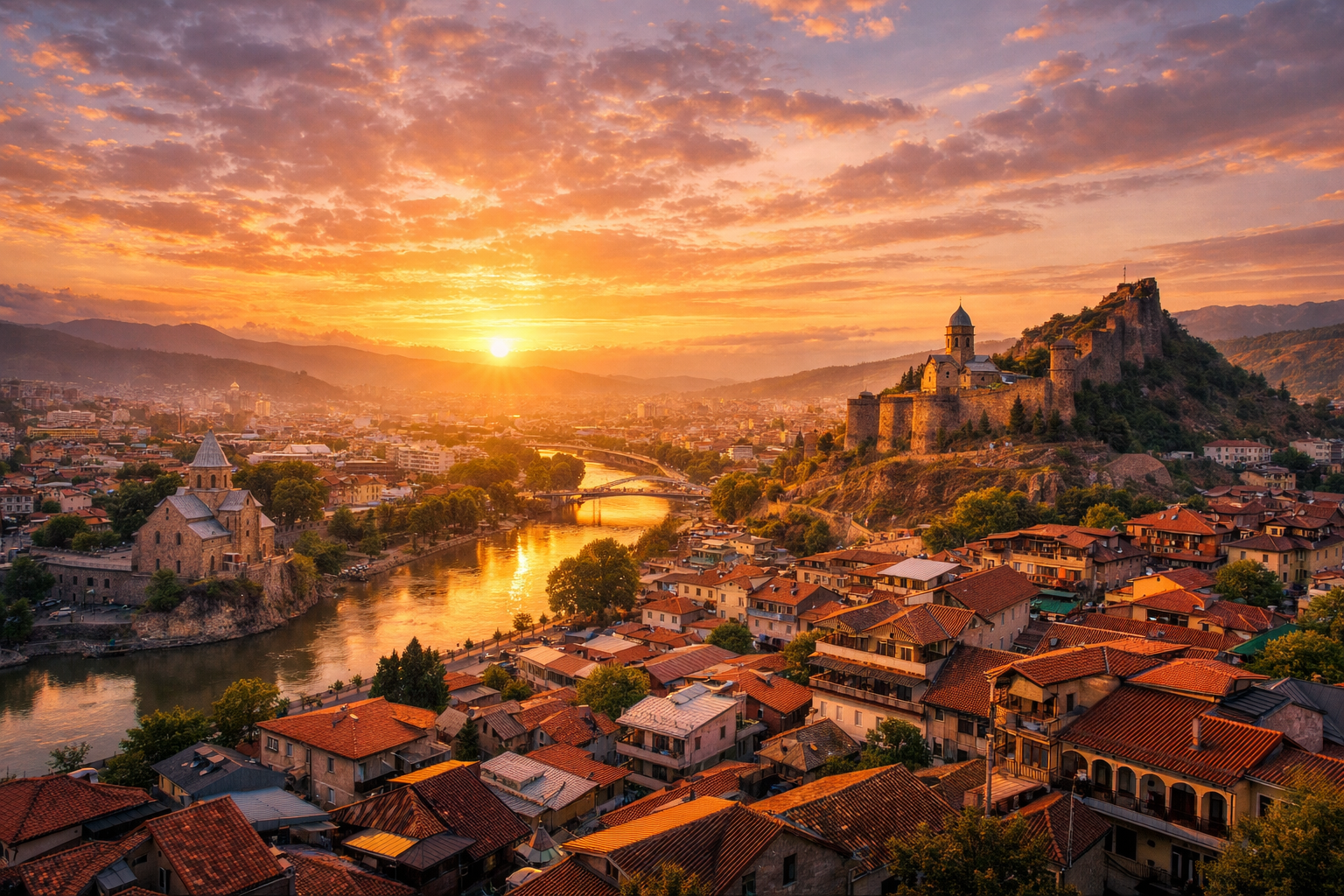 Historic city with river, ancient fortress, and sunset sky