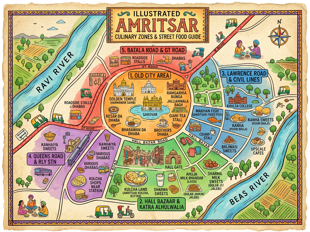 Illustrated map of Amritsar highlighting five culinary and street food zones with landmarks and local specialties