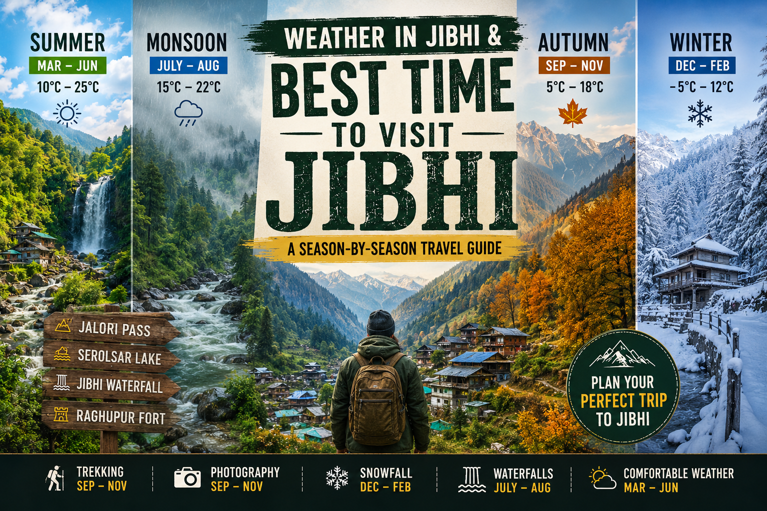 A colorful seasonal travel guide infographic for Jibhi, Himachal Pradesh, showing the village across four seasonsโlush green summer, misty monsoon, golden autumn, and snowy winter. The image highlights weather conditions, temperatures, top attractions including Jalori Pass, Serolsar Lake, Jibhi Waterfall, and Raghupur Fort, along with the best times for trekking, photography, snowfall, and sightseeing.