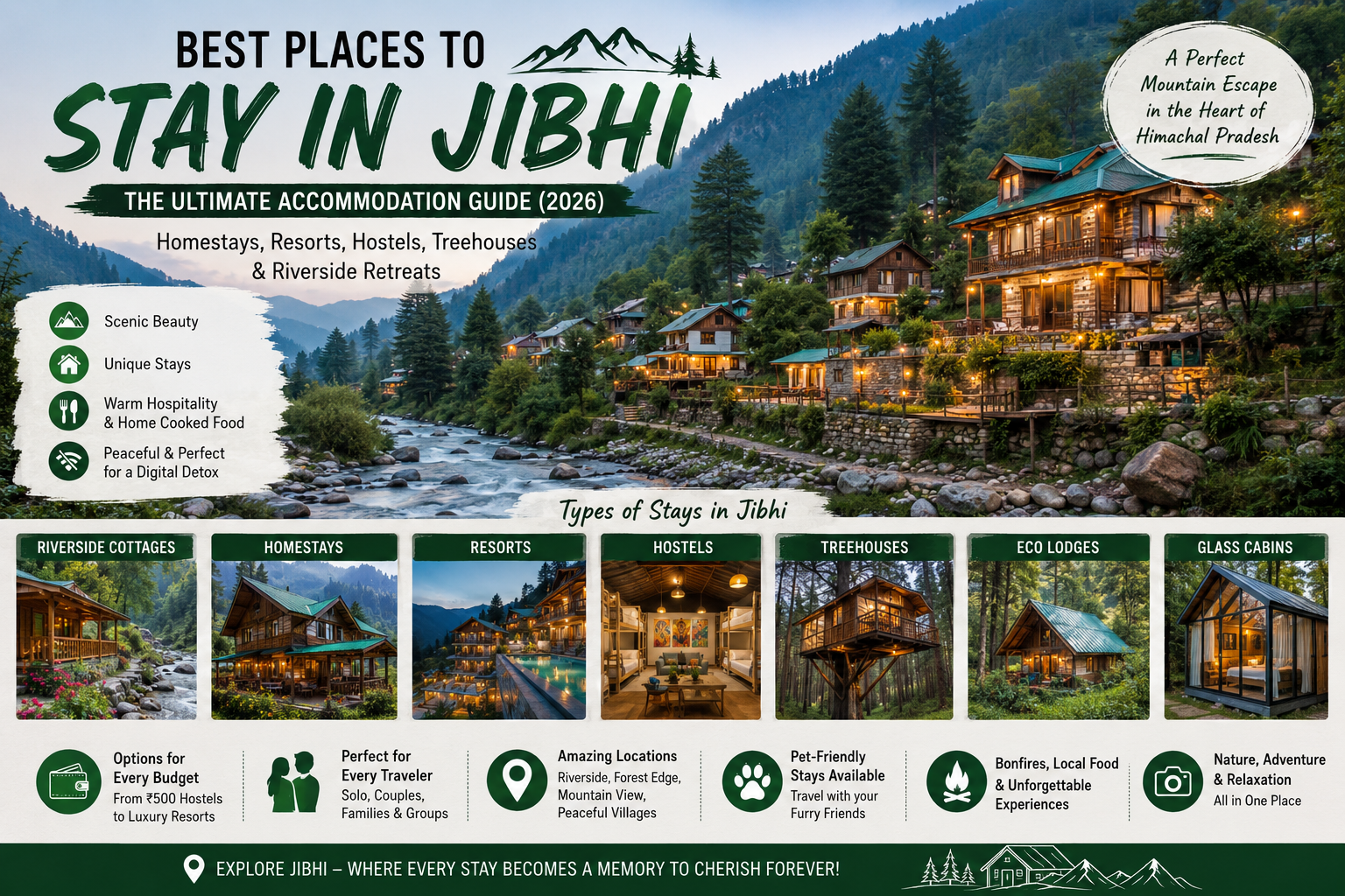Infographic showcasing the best places to stay in Jibhi, Himachal Pradesh, featuring riverside cottages, luxury resorts, homestays, hostels, treehouses, eco-lodges, and glass cabins surrounded by Himalayan mountains and a scenic river valley.